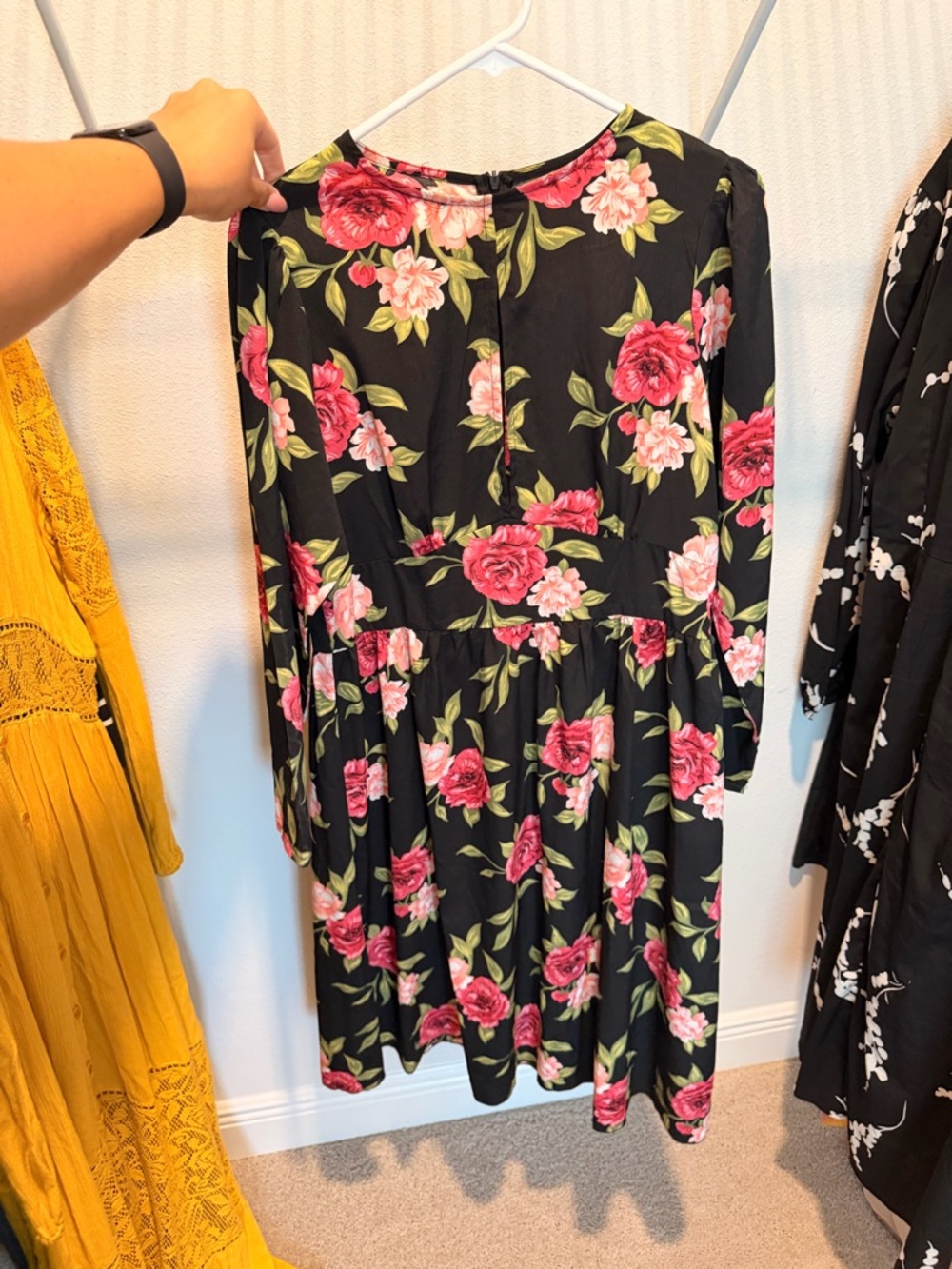 Black Floral Midi Dress with Pink Rose Print